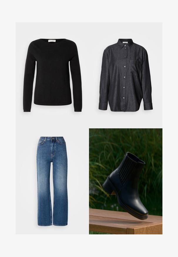 Marc O'Polo LONGSLEEVE ROUND NECK - Svetrík - black; Tmavo šedá košeľa s dlhým rukávom vyrobená z ľahkej tkaniny, s gombíkovým zapínaním vpredu, golierom a jednou náprsníkovou kapsou.; Modré denimové džínsy s vysokým pásom a širokými nohavicami, so stupňovitým pranie, medeným prešívaním, predným zapínaním na gombík a piatimi vreckami.; Čierna kožená členková bota s elastickými bočnými panelmi a nízkym blokovým podpätkom, umiestnená vo vzduchu nad dreveným povrchom so zeleným listnatým pozadím.