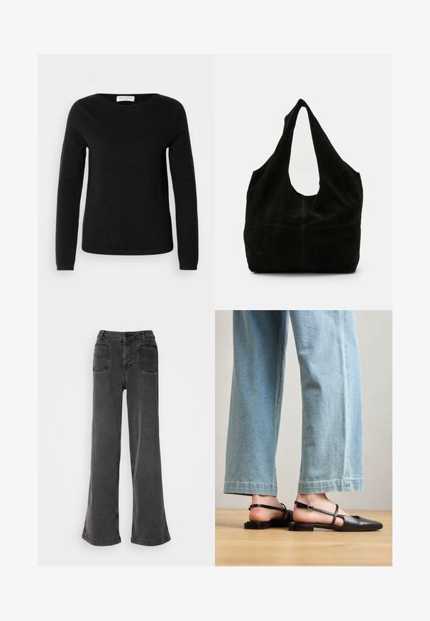 Marc O'Polo LONGSLEEVE ROUND NECK - Jersey de punto - black; Jeans negros de tiro alto y pierna ancha, hechos de denim, con cierre de botones, presillas para cinturón y dos bolsillos traseros con detalles de costura.; Zapatos slingback de cuero negro con punta afilada, tacón plano y tira en el tobillo; llevados con jeans de pierna ancha en azul claro.; Bolso de hombro de ante negro con un diseño holgado, una correa ancha y curvada, y una apariencia sin costuras con un mínimo de costura.