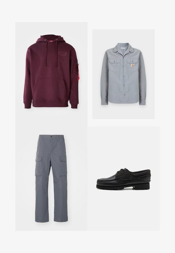 Bordeaux hoodie van zacht materiaal, met een voorklepzak, verstelbare trekkoordcapuchon en een zijritszak met een accent van een rode tag.; Lichtgrijs overhemd met lange mouwen en knopen, met twee borstzakken, waarvan één met een klein Carhartt-logo op de rechterkant.; Grijze cargobroek van duurzaam materiaal. Kenmerken zijn een elastische tailleband, twee grote zijzakken en een rechte pijp.; Zwarte schoen met een leren bovenzijde, textiele accenten, ronde veters en een getextureerde rubberen zool. Voorzien van mocassin-stiksel en merkdetails.