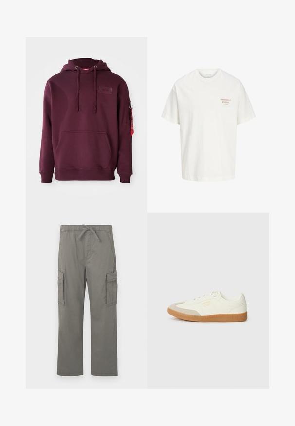 Bordeaux hoodie van zacht materiaal, met een voorklepzak, verstelbare trekkoordcapuchon en een zijritszak met een accent van een rode tag.; Witte T-shirt met korte mouwen en ronde hals, met kleine rode en zwarte tekst "Originals Studio" op de linkerbuste.; Grijze rechte cargobroek met elastische tailleband, trekkoord, zijflapzakken en voorste schuine zakken op een witte achtergrond.; Schoen gemaakt van wit leer met een beige teenkap en een lichtbruine rubberen zool. Voorzien van platte witte veters en reliëfbranding aan de zijkant.