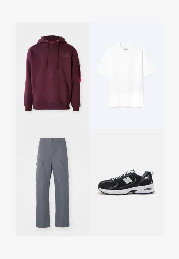 Burgunderfarbener Hoodie aus weichem Material, ausgestattet mit einer Fronttasche, einer verstellbaren Kordelzugkapuze und einer seitlichen Reißverschlusstasche mit einem roten Etikett-Detail.; Schlichtes weißes T-Shirt mit kurzen Ärmeln und Rundhalsausschnitt in entspannter Passform, auf hellem Hintergrund dargestellt.; Grau Cargo-Hosen aus strapazierfähigem Stoff. Zu den Merkmalen gehören ein elastischer Bund, zwei große Seitentaschen und ein gerader Schnitt.; Schwarze und graue Sportschuhe mit Obermaterial aus Mesh und Wildleder, ausgestattet mit einer weißen Zwischensohle, Schnürsenkeln und einem markanten "N"-Logo an der Seite.