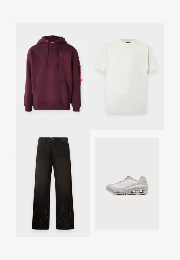 Bordeaux hoodie van zacht materiaal, met een voorklepzak, verstelbare trekkoordcapuchon en een zijritszak met een accent van een rode tag.; Lichtgrijs katoenen T-shirt met een ronde hals, korte mouwen en een gladde textuur. Eenvoudig ontwerp zonder zichtbare patronen of accenten.; Zwarte wijde jeans van denim met een getextureerde, versleten afwerking. Opvallende geborduurde details die lijken op gewei bij de boorden. Knop- en ritssluiting.; Lichtgrijze en witte sportschoen met zichtbare veerachtige demping in de zool en een bovenwerk van mesh-stof.