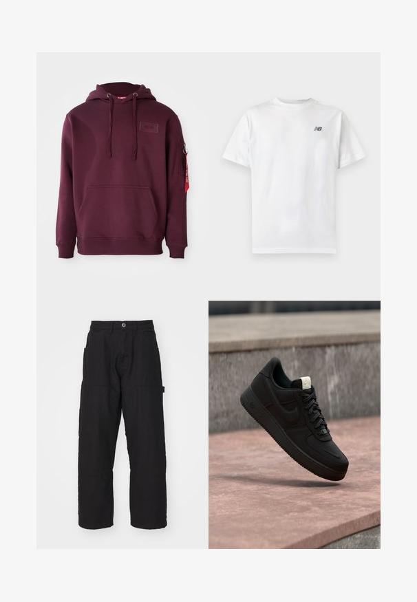 Bordeaux-hoodie i blødt stof, med en frontlomme, justerbar snørehætte og en sidelomme med lynlås med en rød mærkeaccent.; Hvid t-shirt med korte ærmer og rund halsudskæring med et lille sort New Balance-logo på øverste venstre bryst på en ensartet lys baggrund.; Sorte cargo bukser med lige skæring, der har flere lommer og knaplukning. Fremstillet af slidstærk bomuldsstof med synlige sømme.; Sort Nike Air Force 1 sneaker, der svæver over en lyserød betonforkant med en grå stenet baggrund, som viser sidde- og topdetaljer.