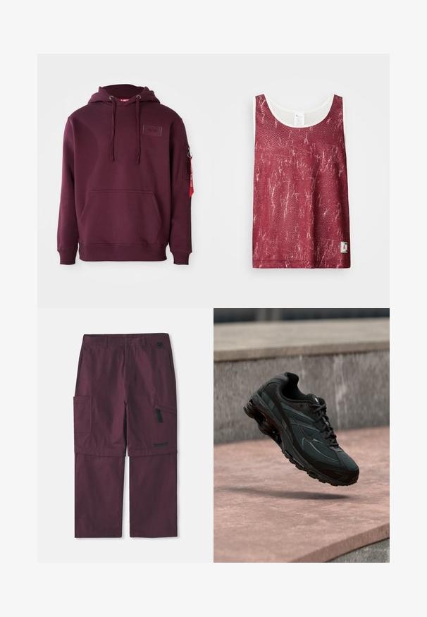 Bordeaux-hoodie i blødt stof, med en frontlomme, justerbar snørehætte og en sidelomme med lynlås med en rød mærkeaccent.; Rød mesh tanktop med et let falmet, slidt mønster. Har hvid kant langs halsudskæringen og ærmegabene, samt et lille logo tag nederst.; Bordeaux cargo konvertible bukser med sidelomme med lynlås og Timberland-logo på højre ben, forlænget skridtlængde vist.; Sort atletisk sneaker med synligt luftdæmpende mellemsål, der svæver over en pink stenoverflade med en grå stenvæg i baggrunden.