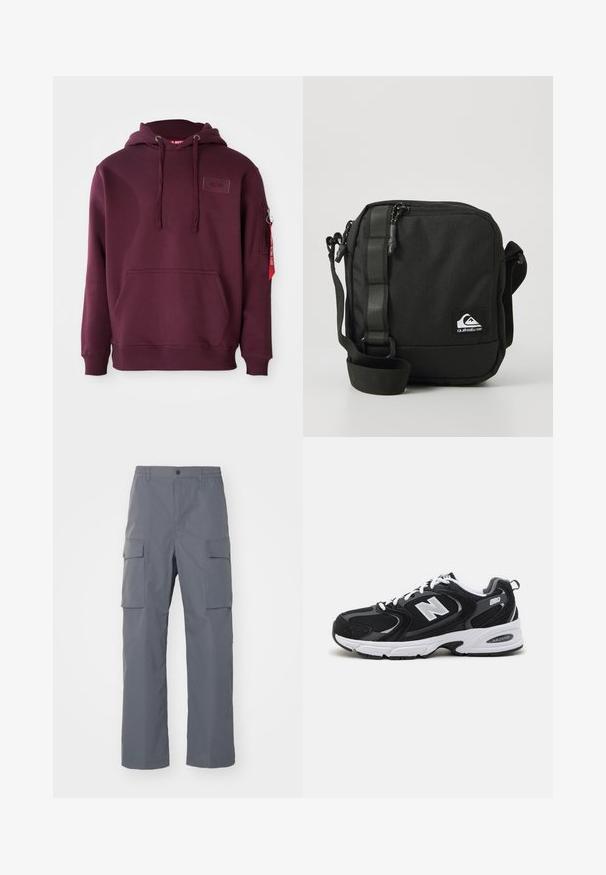 Bordeaux hoodie van zacht materiaal, met een voorklepzak, verstelbare trekkoordcapuchon en een zijritszak met een accent van een rode tag.; Grijze cargobroek van duurzaam materiaal. Kenmerken zijn een elastische tailleband, twee grote zijzakken en een rechte pijp.; Zwarte en grijze sport schoenen met een bovenwerk van mesh en suede, voorzien van een witte tussenzool, veters en een gedurfde "N"-logo aan de zijkant.; Compact zwarte crossbody tas met een verstelbare schouderband, een voorkant met ritssluiting en een klein wit Quiksilver logo label.