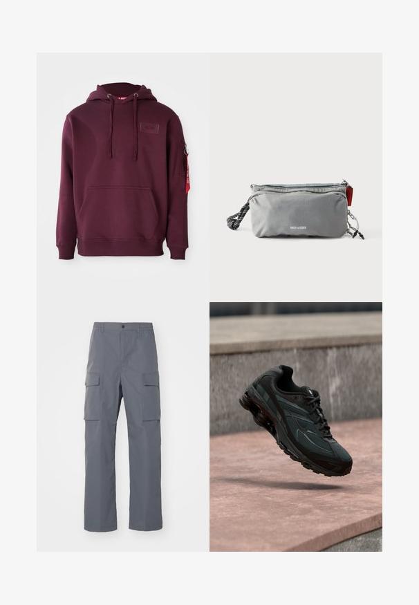 Burgunderfarbener Hoodie aus weichem Material, ausgestattet mit einer Fronttasche, einer verstellbaren Kordelzugkapuze und einer seitlichen Reißverschlusstasche mit einem roten Etikett-Detail.; Grau Cargo-Hosen aus strapazierfähigem Stoff. Zu den Merkmalen gehören ein elastischer Bund, zwei große Seitentaschen und ein gerader Schnitt.; Schwarzer athletischer Sneaker mit sichtbarer Air-Cushioning-Zwischensohle, der über einer rosa Steinoberfläche mit grauer Steinmauer im Hintergrund schwebt.; Graue rechteckige Tasche mit Reißverschlüssen, schwarz-weißem Griff aus Seil an einer Seite und dem Schriftzug "ONLY & SONS" vorne in der Mitte.