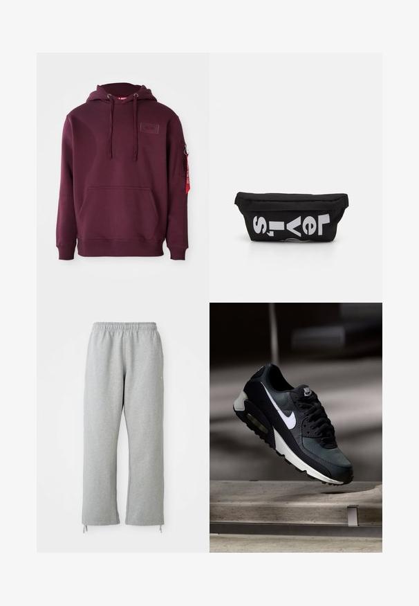Burgunderfarbener Hoodie aus weichem Material, ausgestattet mit einer Fronttasche, einer verstellbaren Kordelzugkapuze und einer seitlichen Reißverschlusstasche mit einem roten Etikett-Detail.; Graue Sweatpants mit einem elastischen Bund, geraden Beinen und Kordelzug-Akzenten am Saum. Hergestellt aus weichem, strukturierter Stoff.; Schwarzer und grauer Nike Air Max Sneaker mit weißem Swoosh, schwebend über einer Betonfläche vor einem verschwommenen dunklen Hintergrund.; Schwarze Stofftasche mit flacher Form, mit fettgedrucktem weißen Text. Der Reißverschluss befindet sich oben, mit einer Schlaufe an einer Seite.