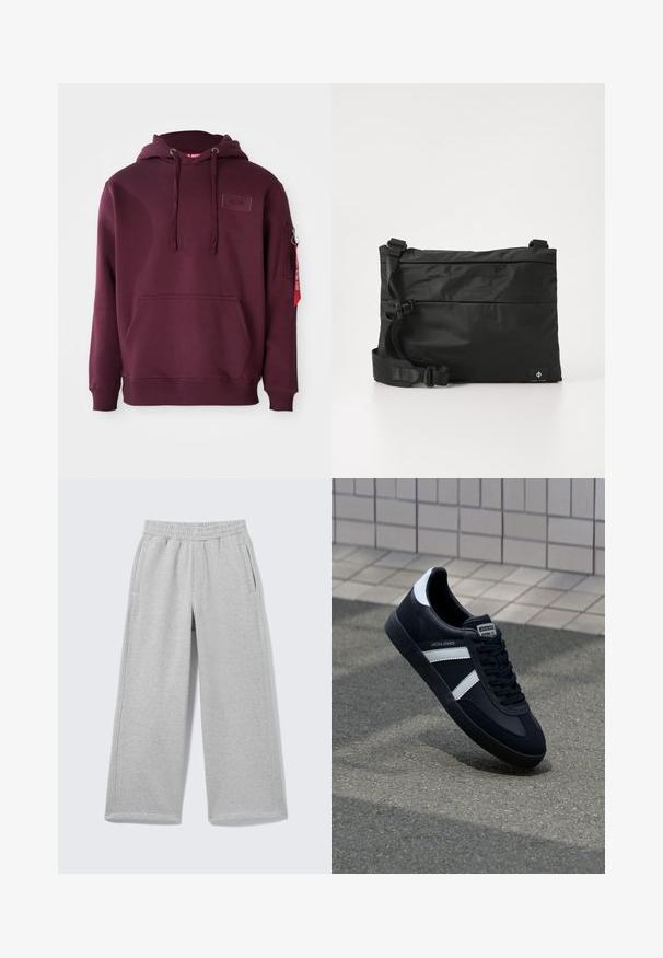 Burgunderfarbener Hoodie aus weichem Material, ausgestattet mit einer Fronttasche, einer verstellbaren Kordelzugkapuze und einer seitlichen Reißverschlusstasche mit einem roten Etikett-Detail.; Hellgraue Sweatpants mit weitem Bein, elastischem Bund und Seitentaschen, auf einem einfarbigen Hintergrund gezeigt.; Schwarze Leder-Sneaker mit weißen Streifen, strukturiertem Gummisohle und Schnürung. Verfügt über ein Markenetikett auf der Zunge.; Schwarze Nylon-Umhängetasche mit verstellbarem Riemen, flachem Design und seitlichem Etikett mit Logo. Glatte Textur und minimalistischer Stil.