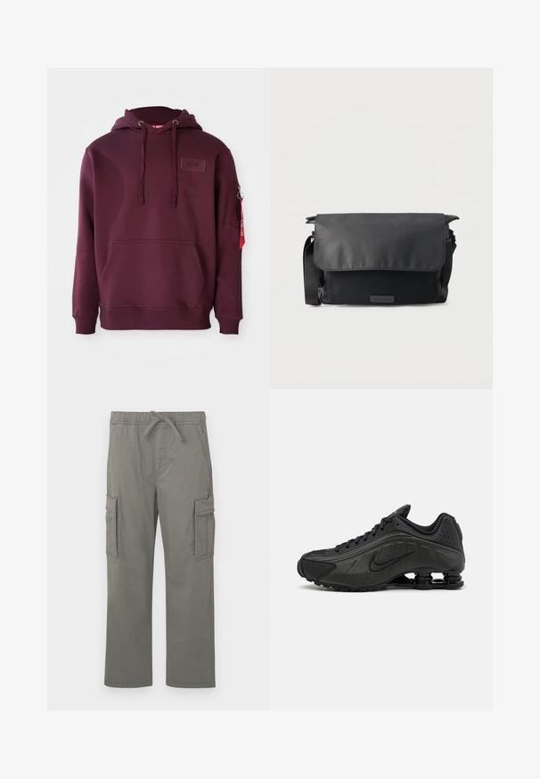 Bordeaux hoodie van zacht materiaal, met een voorklepzak, verstelbare trekkoordcapuchon en een zijritszak met een accent van een rode tag.; Grijze rechte cargobroek met elastische tailleband, trekkoord, zijflapzakken en voorste schuine zakken op een witte achtergrond.; Zwarte hardloopschoenen met een glad bovenwerk van synthetisch materiaal, geperforeerde accenten, gestructureerde zijpanelen en een opvallende veerkrachtige zool.; Zwarte messengertas met klepsluiting en gestructureerd voorvak, verstelbare schouderriem en minimalistisch design op een effen achtergrond.