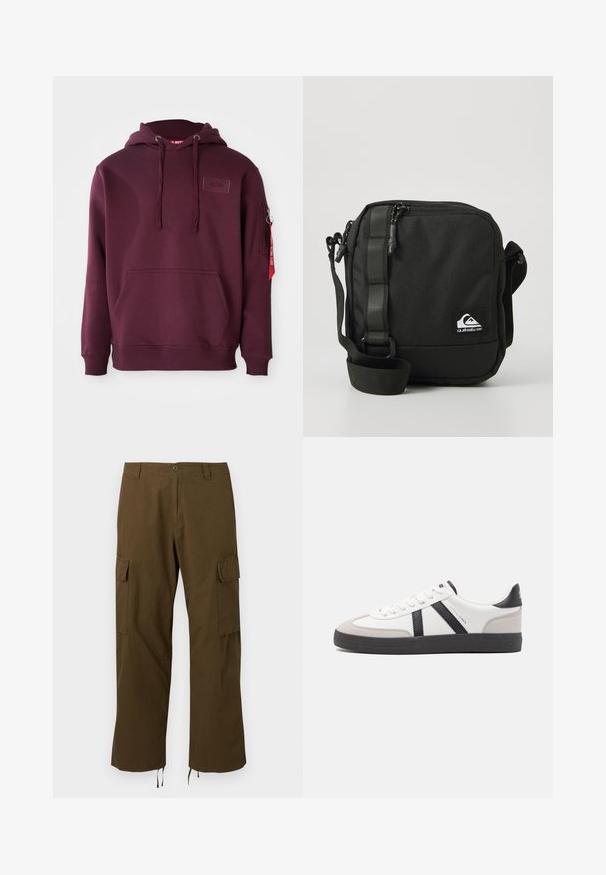 Bordeaux hoodie van zacht materiaal, met een voorklepzak, verstelbare trekkoordcapuchon en een zijritszak met een accent van een rode tag.; Bruine cargobroek met rechte pijpen, klepzakken op de dijen, knoop- en ritssluiting, riemlussen en verstelbare trekkoorden aan de zoom.; Witte sneaker met zwarte en grijze accenten, voorzien van een grijze neus met textuur, zwarte rubberen zool en platte witte veters. Schoon ontwerp, minimalistische stijl.; Compact zwarte crossbody tas met een verstelbare schouderband, een voorkant met ritssluiting en een klein wit Quiksilver logo label.