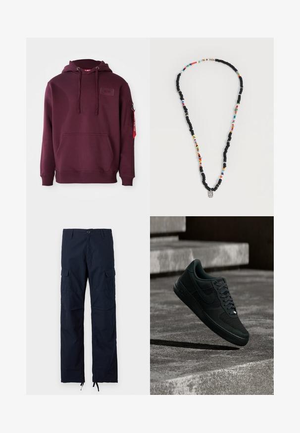 Bordeaux-hoodie i blødt stof, med en frontlomme, justerbar snørehætte og en sidelomme med lynlås med en rød mærkeaccent.; Navy cargobukser med knaplukning, bæltestropper, sidelommer med klap og justerbare snore forneden ved anklerne.; Sort Nike Air Force 1 sportssko med mesh- og lærdetaljer, svævende over strukturerede betontrapper i dæmpet belysning.; Halskæde med vekslende sorte og flerfarvede perler, med små sølvringe og en rektangulær klar perlevedhæng.