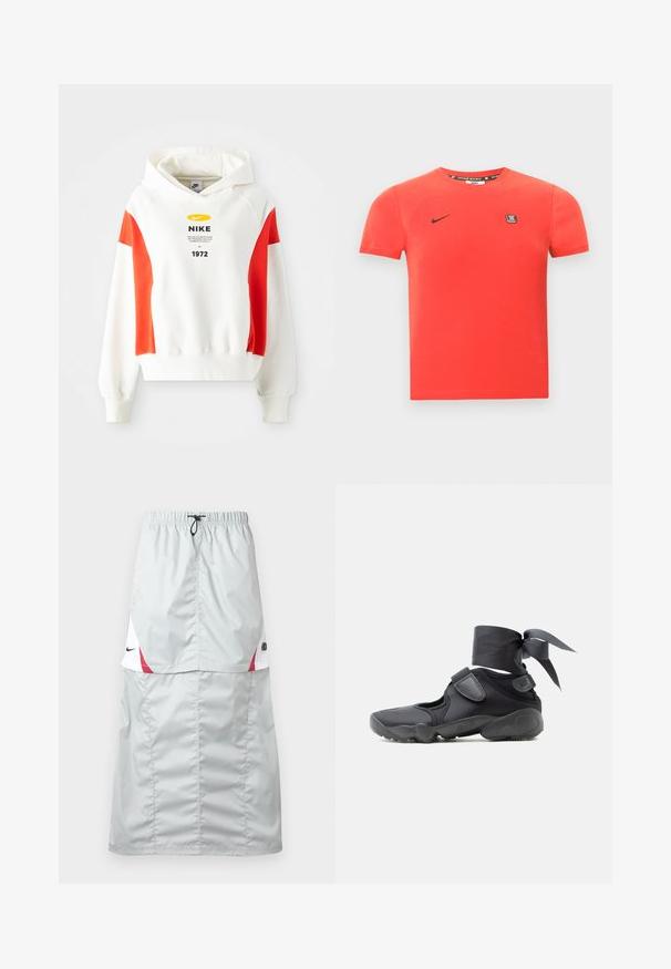 Sudadera blanca con acentos rojos, capucha con cordón y gráfico frontal. Presenta un logo y texto en el pecho. Tejido suave, puños y dobladillo de canalé.; Camiseta de algodón roja con mangas cortas, con un logo negro de Nike y un pequeño parche de la marca en el pecho. Cuello redondo sencillo.; Falda deportiva larga de color gris claro, hecha de un material brillante y liso; cuenta con detalles en rojo y blanco, cintura elástica y el logo de Nike en el costado.; Zapatilla deportiva negra con aberturas, correas de velcro y envoltura en el tobillo atada en un lazo, vista lateral sobre un fondo blanco.