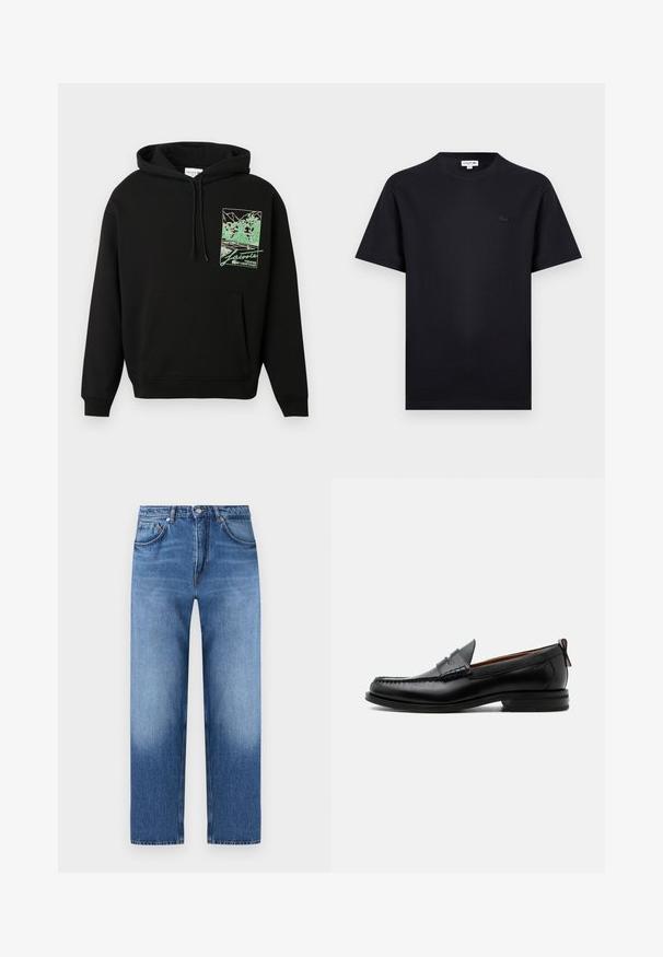 Sweat à capuche noir avec poche avant et graphique vert d'un court de tennis et d'arbres, avec l'inscription "Lacoste Tennis Heritage" sur la poitrine.; T-shirt noir à manches courtes avec col rond, orné d'un petit logo crocodile ton sur ton sur le côté gauche de la poitrine.; Jean en denim bleu à jambes droites avec un design classique à cinq poches et une fermeture à boutons, présentant des détails subtilement délavés sur les cuisses et les genoux.; Mocassin homme en cuir noir avec couture moc toe, bride penny, col texturé et petit talon empilé sur fond blanc.