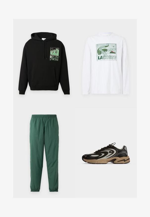Zwarte hoodie met een buidel en een groen grafisch ontwerp van een tennisbaan en bomen, met de tekst "Lacoste Tennis Heritage" op de borst.; Witte lange mouwen T-shirt met een groene krokodil en de tekst "LACOSTE," op een achtergrond met een rasterpatroon. Gemaakt van katoen, met een gladde textuur.; Groene, lichtgewicht, elastische broek met een geplooide tailleband en boorden, gemaakt van een gladde, waterafstotende stof.; Zwart-beige sneaker met golfachtige patronen, vetersluiting en dikke zool op een effen lichte achtergrond.
