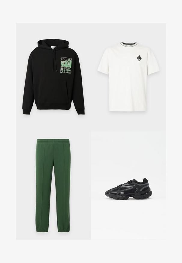 Zwarte hoodie met een buidel en een groen grafisch ontwerp van een tennisbaan en bomen, met de tekst "Lacoste Tennis Heritage" op de borst.; Witte katoenen t-shirt met korte mouwen, featuring een zwart-wit gestreepte ronde hals en een klein zwart diamanten logo op de borst.; Groene joggingbroek van zacht materiaal; heeft een elastische tailleband, taps toeloopende pijpen en een klein logo aan de zijkant.; Zwarte sportieve sneakers met een bovenwerk van mesh en synthetisch materiaal. Voorzien van een gestructureerde zool, reflecterende accenten en een verstevigde hiel.