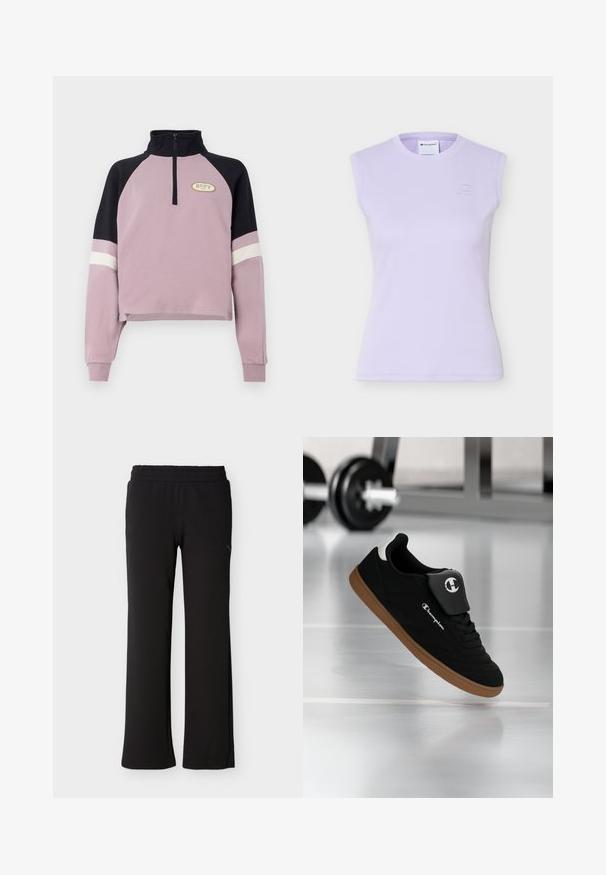 Paarse cropped pullover met een zwarte kraag en accenten op de mouwen. Voorzien van een halve rits en het Roxy-logo in goud op de borst. Zachte textuur.; Mouwloos geribd lavendelkleurig topje met ronde hals en een subtiel geborduurd Champion-logo op de linkerborst.; Zwarte rechte broek met elastische taille en subtiel logo op de bovenkant van het dijbeen, voorkant zichtbaar tegen een effen achtergrond.; Zwartbruine Champion-sneaker zwevend in de lucht in een sportschoolomgeving met een wazige halter op de achtergrond.