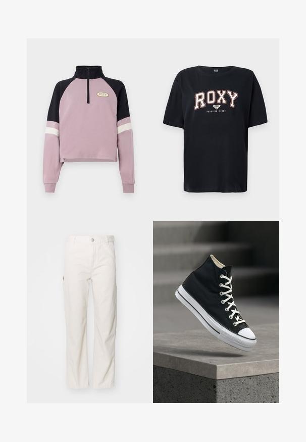 Lila kurzer Pullover mit schwarzem Kragen und Ärmeldetails. Mit einem halben Reißverschluss und dem goldenen Roxy-Logo auf der Brust. Weiche Textur.; Schwarzes Baumwoll-T-Shirt mit kurzen Ärmeln. Verfügt über fetten weißen und roten "ROXY"-Text und "PARADISE FOUND" darunter. Reguläre Passform und einfacher Rundhalsausschnitt.; Weiße Baumwoll-Cargohosen mit geradem Bein, ausgestattet mit Seitentaschen und einem Knopfverschluss an der Taille. Weicher Stoff.; Schwarzer High-Top-Sneaker mit weißen Schnürsenkeln und Gummisohle, der am Rand einer grauen Betonplattform balanciert.