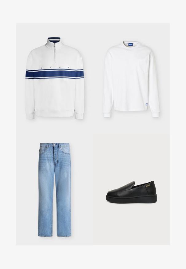 Pull blanc à manches longues avec bande horizontale bleu marine sur la poitrine et les bras, col à demi-zip et texte "HUGO" centré.; Chemise blanche à manches longues avec col rond, poche poitrine et étiquette de marque bleue au col et à l'ourlet inférieur.; Jean droit en denim bleu clair avec fermeture par bouton et zip, poches avant et arrière, et passants de ceinture à la taille.; Chaussure noire en cuir à enfiler avec semelle épaisse et petits trous de ventilation latéraux, avec un logo doré "HUGO" près du talon.