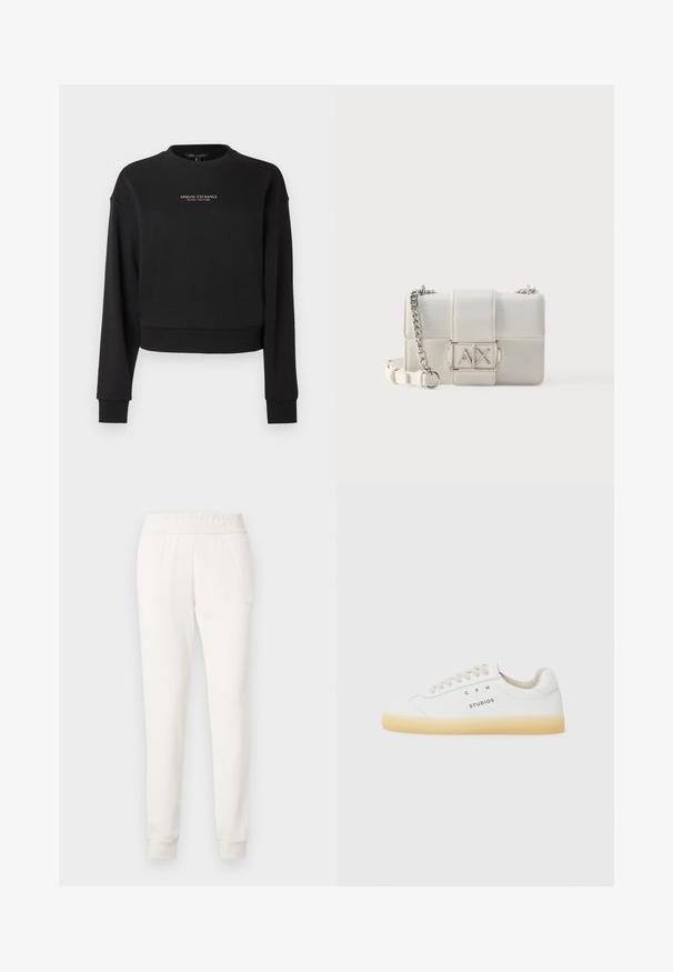 Svart avkortet genser laget av mykt stoff, med lange ermer og rund hals. Gull "Armani Exchange"-logo foran.; Kremfargede joggebukser laget av mykt stoff, med en tettsittende midtsnor og mansjetter. Enkel design uten synlige mønstre eller dekorasjoner.; Hvite sneakers laget av lær med rund tå, beige snøring og en gjennomsiktig gummisåle; har "CPH STUDIOS"-logo på siden.; Hvit lær crossbody-veske med sølv kjedestropp og fremtredende sølv "AX" logo spenne på frontklaff.