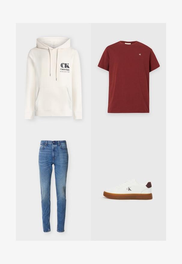 Εκρού hoodie Calvin Klein με μπροστινή τσέπη, ρυθμιζόμενο κορδόνι κουκούλας και μαύρο λογότυπο "CK Calvin Klein Established 1968" στο στήθος.; Μπορντό βαμβακερό T-shirt με κοντά μανίκια, στρογγυλή λαιμόκοψη και μικρό κεντημένο λογότυπο στο αριστερό στήθος. Απαλή υφή.; Τζιν μεσαίου μπλε χρώματος, στενή εφαρμογή, ψηλή μέση, με εμπρόσθιο κουμπί και φερμουάρ, σχεδιασμό με πέντε τσέπες και διακριτική ξεθώριαση στους μηρούς και τα γόνατα.; Λευκά αθλητικά παπούτσια με καουτσούκ σόλα, επίπεδους κορδόνια και καφέ σουέτ λεπτομέρεια στη φτέρνα. Διαθέτει μια διακριτική ανάγλυφη λογότυπο "cK" στο πλάι.