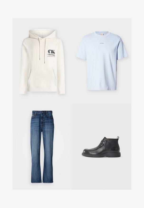 Εκρού hoodie Calvin Klein με μπροστινή τσέπη, ρυθμιζόμενο κορδόνι κουκούλας και μαύρο λογότυπο "CK Calvin Klein Established 1968" στο στήθος.; Ανοιχτό μπλε βαμβακερό t-shirt με στρογγυλή λαιμόκοψη και κοντά μανίκια, με μικρό λογότυπο "Calvin Klein" τυπωμένο μαύρο στο στήθος.; Μπλε τζιν παντελόνι με ψηλή μέση, καμπυλωτά μπατζάκια, πέντε τσέπες και ραφή σε παρόμοια απόχρωση. Διαθέτει κλείσιμο με κουμπί και τσέπες με ραφές.; Μαύρες δερμάτινες μπότες μέχρι τον αστράγαλο με στρογγυλή μύτη, σχέδιο με κορδόνια και λαβή στο πίσω μέρος. Υφή στο πάνω μέρος και ελαστική σόλα.