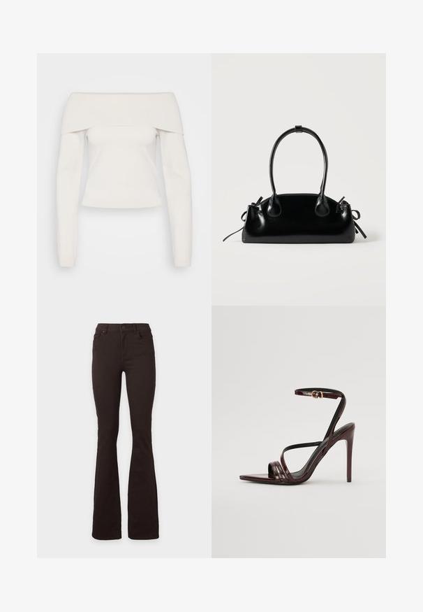 Haut à manches longues sans épaule en tricot blanc doux, avec un col à côtes et un corps ajusté, doté d'une texture lisse et de coutures minimales.; Jean bootcut noir taille haute avec fermeture à bouton et zip, poches avant et arrière, présenté sur un fond blanc uni.; Sandale à talons hauts en cuir verni bourgogne avec une bride de cheville, bout pointu et trois bandes horizontales sur le pied. Détail de boucle dorée.; Petit sac à main noir brillant avec deux longues anses et des détails à cordon sur les côtés sur un fond clair uni.