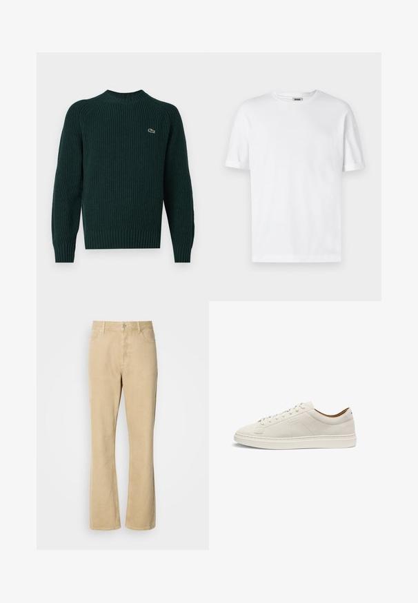 Pull en tricot vert foncé avec un col rond, des poignets et un ourlet côtelés, comportant un petit logo brodé sur le côté gauche de la poitrine.; T-shirt en coton blanc avec un col rond, des manches courtes et des revers roulés ; design sobre, texture douce et coupe droite.; Pantalons en velours côtelé beige évasés avec une fermeture à bouton et à fermeture éclair, comportant cinq poches et des coutures visibles le long des jambes. Texture lisse.; Baskets basses en daim beige avec lacets assortis, semelle plate, et logo "BOSS" discrètement embossé sur le côté, présentées en vue latérale.