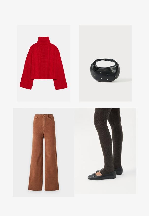 Even&Odd by Zalando Πουλόβερ - red; Φαρδιές βερμούδες από καπιτονέ ύφασμα σε πλούσιο καφέ χρώμα, με κάθετες ρίγες, μπροστινές τσέπες και κουμπί στη μέση.; Πόδια με σκουρόχρωμα ριμπ κολάν συνδυασμένα με μαύρα μπαλαρίνα παπούτσια με μικρές λεπτομέρειες φιόγκων σε λευκό φόντο.; Μαύρη δερμάτινη τσάντα χειρός με στρογγυλεμένο σχήμα, διακοσμημένη με ασημένιες λεπτομέρειες με καρφιά και κοντή λαβή. Λείο υλικό και κλείσιμο με φερμουάρ.