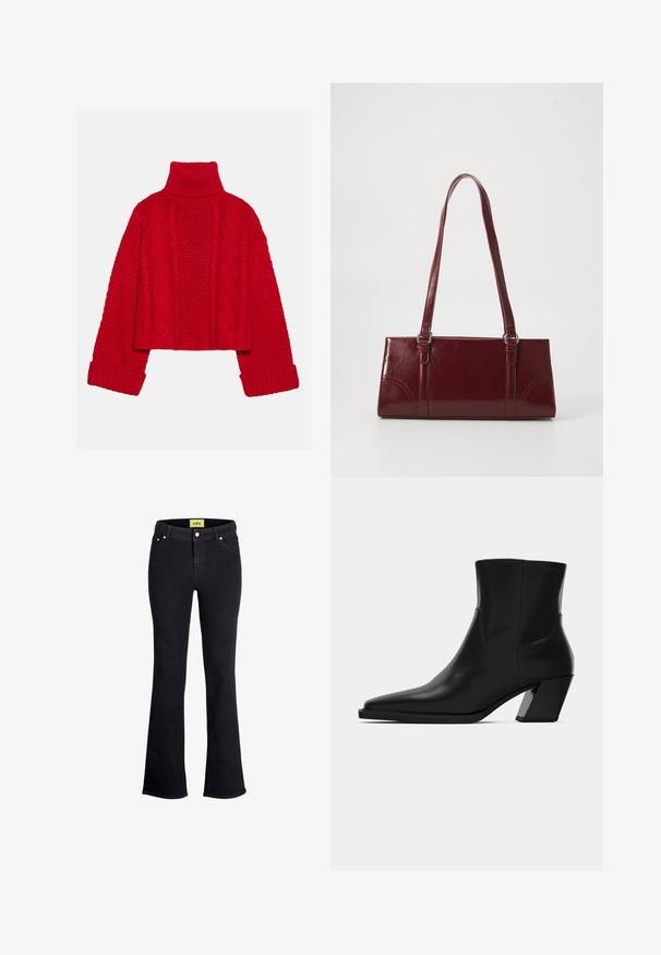 Even&Odd by Zalando Pullover - red; Jean flare en denim noir avec un design classique à cinq poches, doté d'une fermeture à bouton et à fermeture éclair et d'une étiquette de marque jaune contrastante à la taille.; Bottine en cuir noir avec un bout pointu, une silhouette élégante et un talon carré massif. Texture lisse avec des détails de couture minimalistes.; Sac à main bordeaux en matériau brillant, de forme rectangulaire, avec deux anses et des accents légèrement courbés à l'avant.