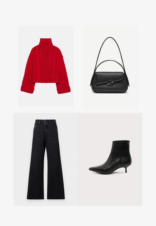 Even&Odd by Zalando Πουλόβερ - red; Μαύρο τζιν με φαρδιά παντελόνια, κατασκευασμένο από τζιν ύφασμα, με ψηλή μέση, σχέδιο με πέντε τσέπες και διακριτική ραφή στο μπροστινό μέρος.; Μαύρο δερμάτινο μποτάκι γύρω από τον αστράγαλο με μυτερή μύτη και χαμηλό τακούνι σε ανοιχτό φόντο, εμφανίζει την εξωτερική πλευρά.; Μαύρη δερμάτινη τσάντα χειρός με στρογγυλεμένες άκρες, ασύμμετρο καπάκι, μεταλλικό κυκλικό κούμπωμα και κοντά και μακριά λουριά ώμου.