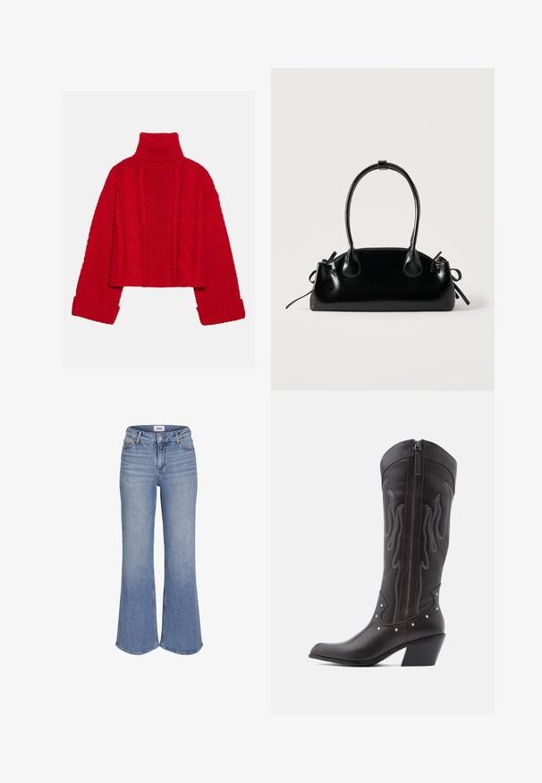 Even&Odd by Zalando Pullover - red; Jean en denim bleu clair taille haute avec jambes évasées et fermeture à boutons à l'avant.; Bottes de cowboy en cuir marron avec surpiqûres en forme de flammes, fermeture éclair latérale, clous argentés, bout pointu et talon superposé.; Petit sac à main noir brillant avec deux longues anses et des détails à cordon sur les côtés sur un fond clair uni.