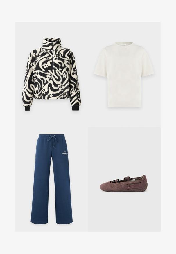 Pull-over en polaire noir et blanc avec un col haut, décoré d'un motif floral tourbillonnant et de manches à bords côtelés. Fermeture éclair à l'avant.; T-shirt blanc cassé uni à manches courtes et col rond, coupe décontractée, présenté sur un fond clair.; Pantalon de survêtement bleu marine à jambes larges, taille élastique et cordon, avec petit logo blanc et texte sur le haut de la cuisse gauche.; Ballerine plate en suède marron avec des lanières élastiques et une semelle texturée, vue de profil sur un fond clair uni.