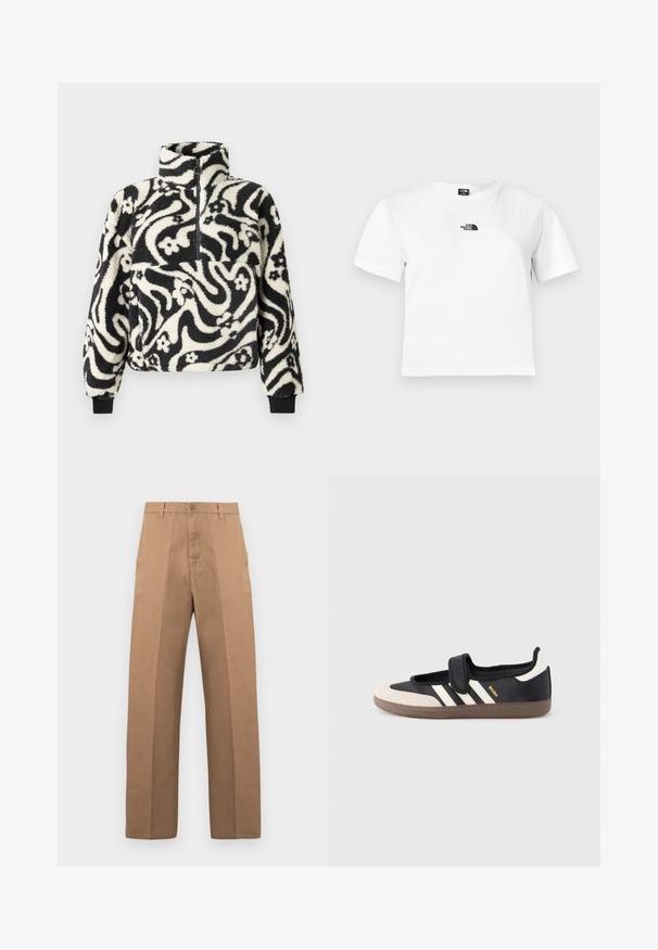Pull-over en polaire noir et blanc avec un col haut, décoré d'un motif floral tourbillonnant et de manches à bords côtelés. Fermeture éclair à l'avant.; T-shirt en coton blanc à manches courtes, col rond, avec un logo noir The North Face sur la poitrine. Design simple et épuré.; Pantalon en coton marron avec une coupe à jambe droite, doté d'une fermeture par bouton, de passants pour ceinture, et de coutures minimales pour un look épuré.; Baskets noires et beiges avec une bride en velcro, trois bandes blanches sur le côté, et une semelle en caoutchouc marron texturée. Logo de la marque visible.