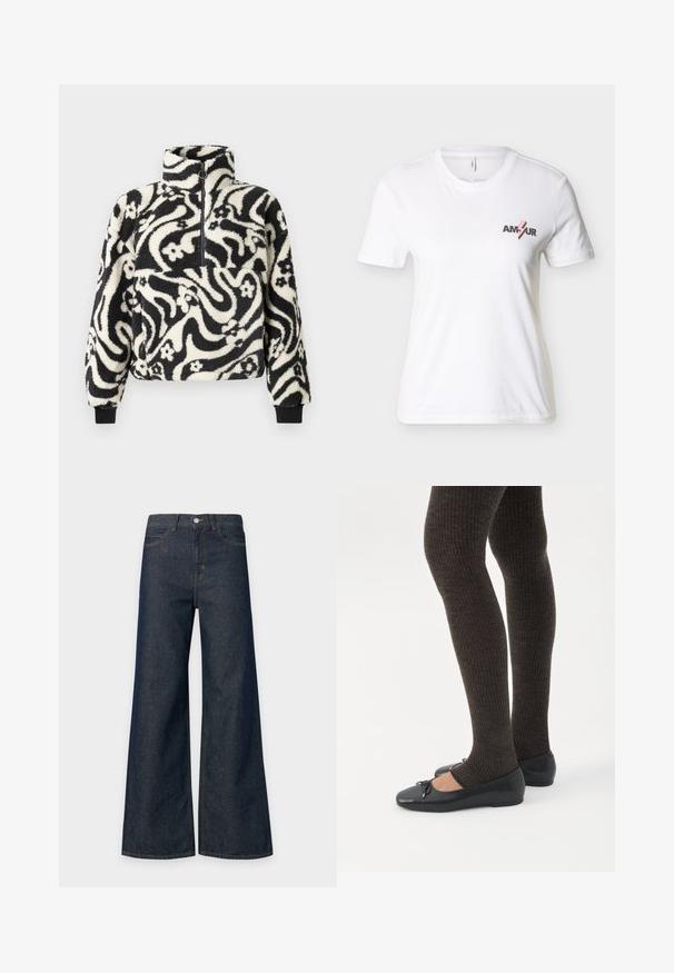 Pull-over en polaire noir et blanc avec un col haut, décoré d'un motif floral tourbillonnant et de manches à bords côtelés. Fermeture éclair à l'avant.; T-shirt blanc à manches courtes avec col rond, portant le texte « AMOUR » et un motif d'éclair rose sur le côté gauche de la poitrine.; Jean denim bleu foncé taille haute à jambes larges avec fermeture avant par bouton et zip, poches avant, présenté sur fond clair.; Jambes portant des leggings côtelés foncés associés à des ballerines noires avec de petits détails en nœud sur fond blanc.
