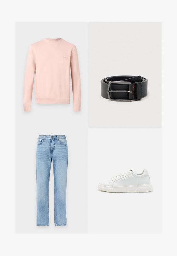 Sweat-shirt rose clair à col rond avec manches longues, poignets et ourlet côtelés, et un discret patch logo sur la poitrine gauche.; Jean denim bleu clair droit avec poches avant, passants pour ceinture, bouton et fermeture éclair.; Baskets en cuir blanc à design bas, dotées de surpiqures tonales et d'une semelle en caoutchouc texturé. Marque en relief sur le côté.; Ceinture en cuir noir avec une boucle argentée et des coutures rouges, enroulée sur un fond clair uni.