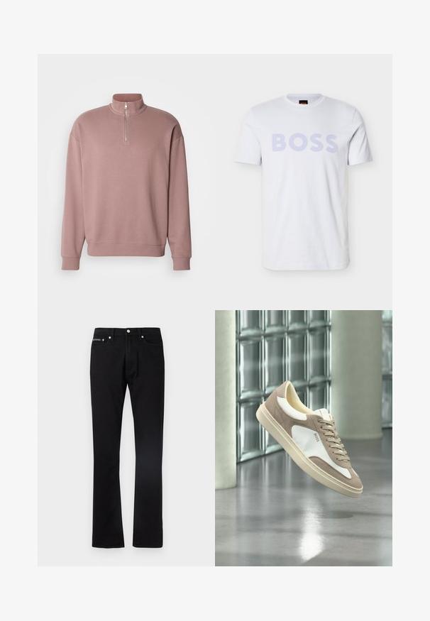 Roosa pullover-sweater kõrgema kraega, pool-kinnitus ja soonikkoes varrukad. Esiküljel on peen logo detail. Pehme materjal.; Valge puuvillane t-särk, millel on suurelt esiküljel helelilla "BOSS" trükk. Klassikalise ümara kaelusega ja lühikeste varrukatega. Puhas disain.; Mustad sirge säärega teksapüksid, millel on viis taskut ja nööpidega kinnis, paigutatud valgele taustale.; Beež ja valge seemisnahast toss nööridega ja "BOSS" logoga, hõljumas poleeritud betoonpõranda kohal, taustal klaasplokkidest seinad.