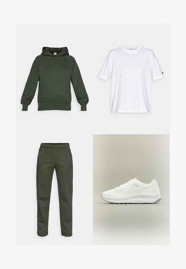 Donkergroene hoodie van zacht materiaal, met een voorzak in kangoeroestijl, geribbelde manchetten en een klein logo op de borst.; Wit katoenen T-shirt met een ronde hals, korte mouwen en een klein logo op de linkerborst. Soepele textuur, standaard pasvorm.; Donkergroene sweatpants gemaakt van zachte stof, met een elastische tailleband en een klein logo-accent aan de zijkant.; Witte Calvin Klein sneaker met meshstructuur, vetersluiting, dikke zool en trekhaak bij de hiel, getoond op een neutrale achtergrond.