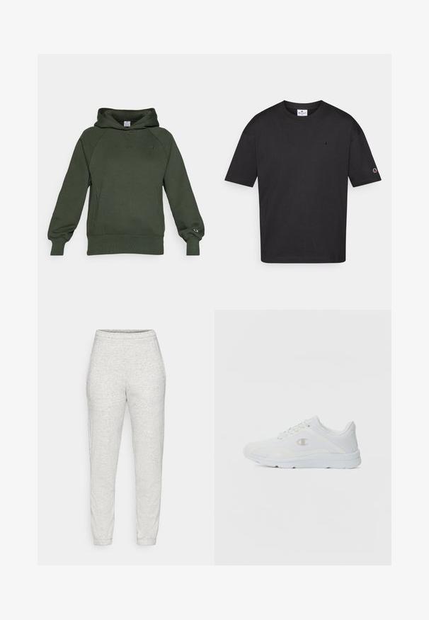 Donkergroene hoodie van zacht materiaal, met een voorzak in kangoeroestijl, geribbelde manchetten en een klein logo op de borst.; Zwarte katoenen t-shirt met een ronde hals, korte mouwen en een klein geborduurd logo op de borst en mouw. Gladde textuur, casual pasvorm.; Lichtgrijze sweatpants van zachte, textuurstof. Voorzien van een elastische tailleband en taps toelopende enkels. Eenvoudig ontwerp zonder zakken of patronen.; Witte sportieve schoenen met een gestructureerde mesh bovenkant, gevoerde kraag en een contrasterend logo aan de zijkant. Beschikt over een lichtgewicht rubberen zool.