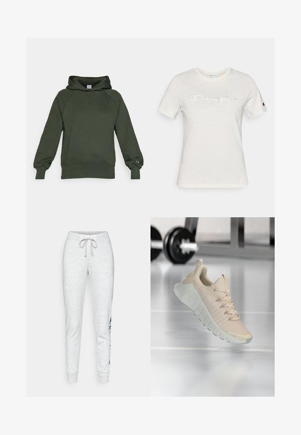 Mørkegrøn hættejakke lavet af blødt stof, med en frontlomme i kangaroo-stil, ribbede manchetter og et lille logo på brystet.; Hvid bomulds t-shirt med korte ærmer, rund hals og broderet "Champion"-logo i en kontrasterende tekstur på fronten.; Grå joggingbukser i bomuld med elastik i taljen og snøre, med tilspidsede ben og et navyblåt grafisk tryk på venstre side.; Letvægts sneaker i en blød beige farve. Har en tekstureret overdel, flade snørebånd og en tyk, rillede sål med subtile brandingsdetaljer.