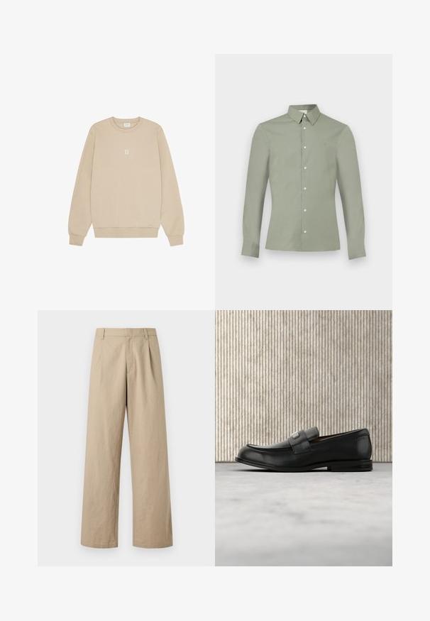 Beige sweatshirt i blødt stof med rund hals, lange ærmer og et lille hvidt "II" grafik centreret på brystet.; Lysegrøn skjorte med lange ærmer, knaplukning på kraven og hvide knapper, vist på en ensartet hvid baggrund.; Beige vidde bukser med bæltestropper, frontlynlås og plisseringer, vist på hvid baggrund.; Sort læderloafer med metalbrandskilt hvilende nær et brunt rundt bord på beige tæppe.