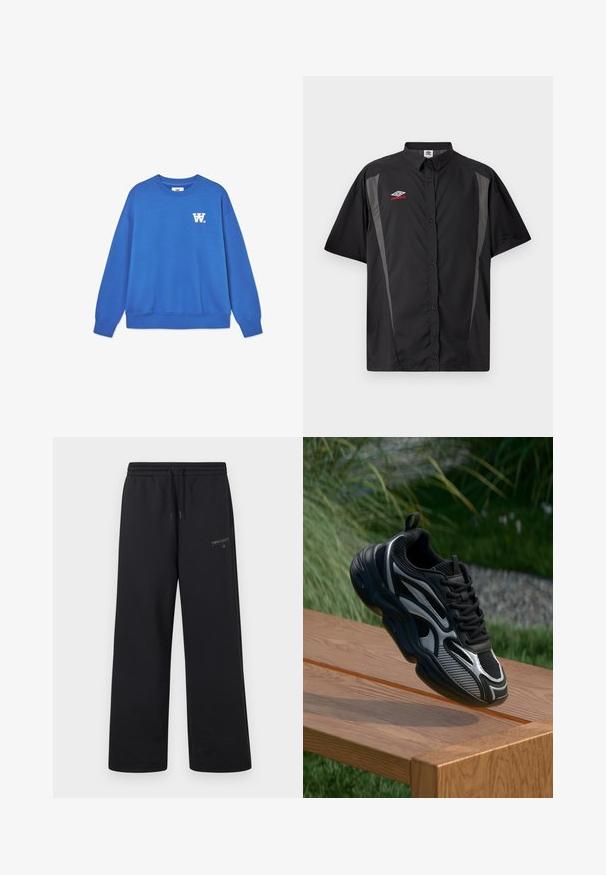 Sweatshirt bleu à col rond en coton doux, avec un logo blanc sur la poitrine gauche et des poignets et un ourlet à bords côtes. Texture lisse.; Chemise noire à manches courtes avec panneaux latéraux gris et logo Umbro rouge et blanc sur la poitrine gauche.; Pantalon de survêtement noir New Balance avec taille élastique, cordon de serrage et petit logo sur la cuisse gauche supérieure.; Baskets de sport noires et grises avec des accents en maille et réfléchissants, posées sur le bord d'un banc en bois à l'extérieur.
