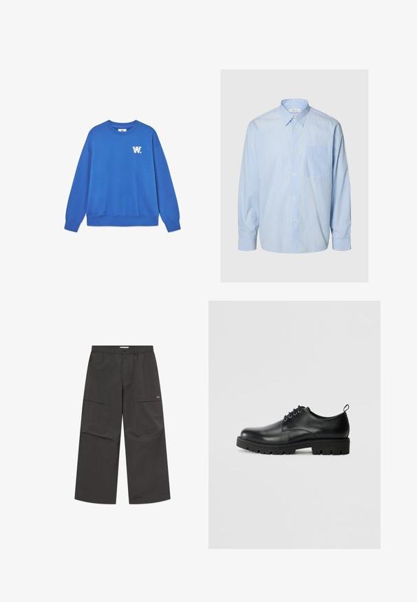 Blauwe crewneck sweatshirt van zacht katoen, met een wit logo op de linkerkant van de borst en geribbelde boorden en zoom. Glad textuur.; Lichtblauw overhemd met lange mouwen met dunne witte verticale strepen, knoopsluiting aan de voorkant, borstzak en puntige kraag op een effen achtergrond.; Zwarte wijde broek met voorzakken, elastische tailleband, knoopsluiting en een klein wit logo op de rechterdij.; Zwarte lederen schoen met een ronde neus, voorzien van een vetersluiting, stevige zwarte rubberen zool en een klein hieltabje aan de achterkant.
