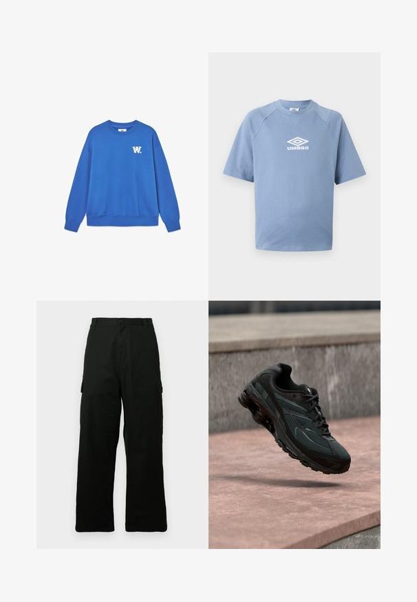 Blaues Crewneck-Sweatshirt aus weicher Baumwolle, mit einem weißen Logo auf der linken Brust und gerippten Bündchen und Saum. Glatte Textur.; Hellblaues kurzärmeliges T-Shirt mit Rundhalsausschnitt und weißem Umbro-Logo, das mittig auf der Brust vor einem einfarbigen Hintergrund platziert ist.; Schwarze Cargo-Hose aus strapazierfähigem Stoff, mit weitem Bein, mehreren Seitentaschen und geradem Schnitt.; Schwarzer athletischer Sneaker mit sichtbarer Air-Cushioning-Zwischensohle, der über einer rosa Steinoberfläche mit grauer Steinmauer im Hintergrund schwebt.