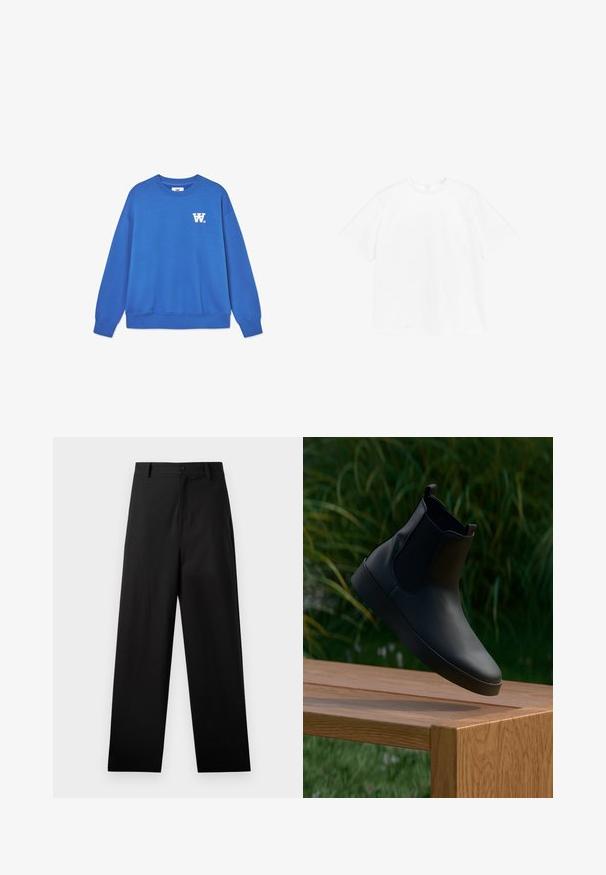 Blauwe crewneck sweatshirt van zacht katoen, met een wit logo op de linkerkant van de borst en geribbelde boorden en zoom. Glad textuur.; Korte mouwen crewneck t-shirt van stevig wit katoen. Standaard pasvorm met een eenvoudig ontwerp zonder zichtbare patronen of accenten.; Zwarte broek van katoen met een rechte pijpdesign, voorzien van een sluiting met een knoop aan de voorkant en zijzakken. Gladde textuur, geen patronen.; Zwarte leren enkelboot met elastische zijpanelen, gladde textuur, ronde neus en platte zool, geplaatst boven een houten tafel tegen een groene achtergrond.