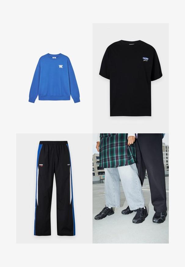 Blå crewneck sweatshirt lavet af blødt bomuld, med et hvidt logo på venstre bryst og ribbede manchetter og kant. Glat tekstur.; Sort T-shirt med korte ærmer og lille blå og hvid "barcen MMXVI" logo på øverste venstre bryst.; Sorte træningsbukser med blå og hvide sidelommer, elastisk talje og små hvide og røde "moto" og "bare" logoer på forsiden.; Sorte atletik sko med mesh- og gummidetaljer. Båret med lysegrå vide jeans og en ternet grøn bluse. Flad overflade i baggrunden.