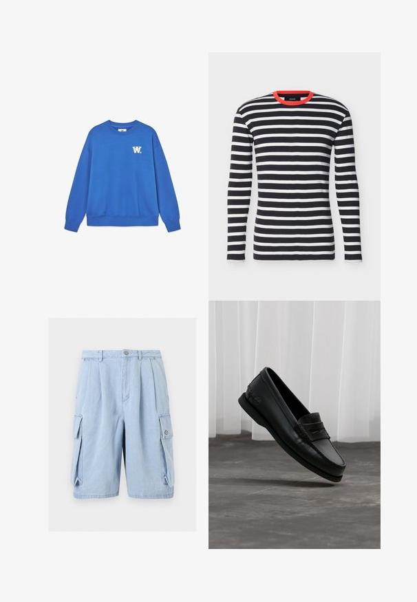 Blå crewneck sweatshirt lavet af blødt bomuld, med et hvidt logo på venstre bryst og ribbede manchetter og kant. Glat tekstur.; Sort-hvidt, vandret stribet langærmet skjorte med en rund, knaldrød halsudskæring på ensfarvet baggrund.; Lyseblå denim cargoshorts med frontplisser, sidelommer med klap, bæltestropper og knaplukning i taljen.; Sort læder loafers med mok-tå og penny-rem, let tiltet over gråt gulv, hvide lodrette persienner i baggrunden.