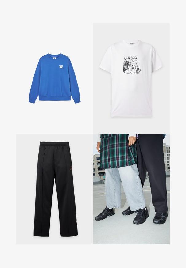 Blauwe crewneck sweatshirt van zacht katoen, met een wit logo op de linkerkant van de borst en geribbelde boorden en zoom. Glad textuur.; Wit t-shirt met een zwart-wit schets van twee zittende kinderen, één met een geruit overhemd en de ander een shirt met het Carhartt-logo.; Zwarte broek met wijde pijpen, een elastische tailleband en zijzakken, met subtiele verticale naden en minimale tekstdetails op de rechterdij.; Zwarte sportieve schoenen met mesh- en rubberaccenten. Draagt een lichtgrijze wijde spijkerbroek en een groen geruit shirt. Effen achtergrond.