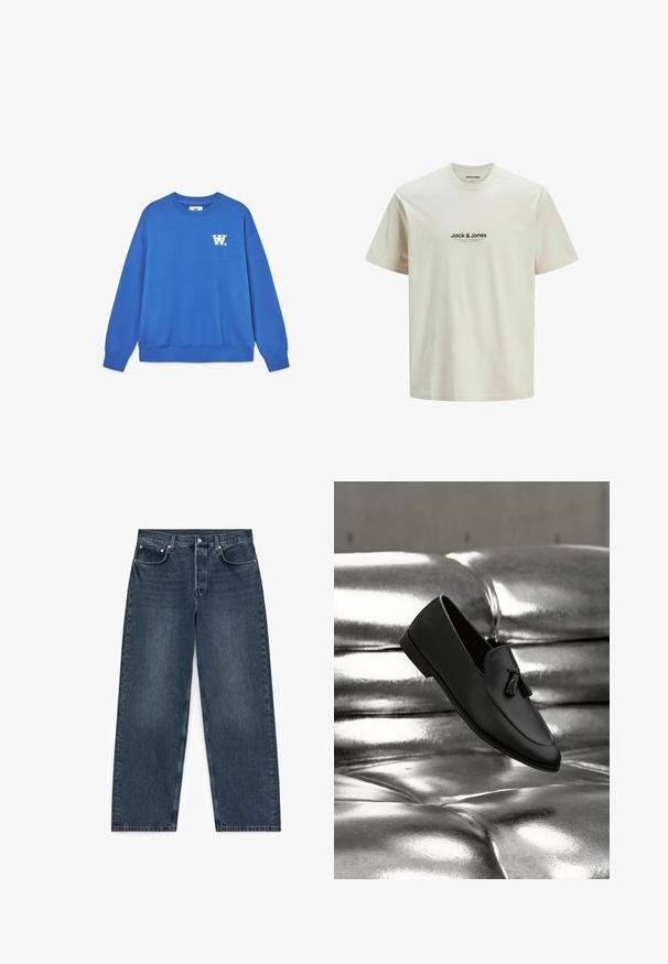 Blauwe crewneck sweatshirt van zacht katoen, met een wit logo op de linkerkant van de borst en geribbelde boorden en zoom. Glad textuur.; Lichtbeige katoenen t-shirt met ronde hals, voorzien van een zwart bedrukte logo "Jack & Jones" op de voorkant. Korte mouwen, casual fit.; Donkerblauwe spijkerbroek met rechte pijpen, vijf zakken en knoopsluiting, plat gelegd op een witte achtergrond.; Zwarte leren loafer met franjes zwevend boven een glanzend metalen zilverkleurig kussen.