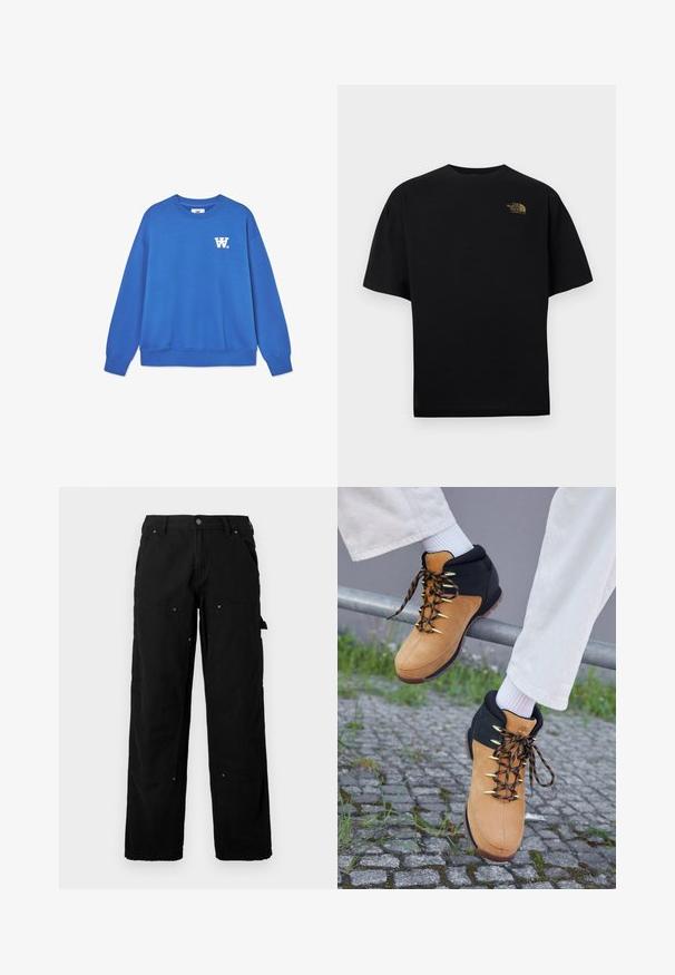 Blauwe crewneck sweatshirt van zacht katoen, met een wit logo op de linkerkant van de borst en geribbelde boorden en zoom. Glad textuur.; Zwart katoenen T-shirt met korte mouwen en een ronde hals. Voorzien van een goudkleurig logo op de linkerborst. Klassieke pasvorm met een gladde textuur.; Zwarte cargobroek van duurzaam materiaal met meerdere zakken, een relaxte pasvorm, zichtbare stiksels en drukknoopdetails.; Bruine en zwarte wandelschoenen met een bovenkant van suede, gouden oogjes en gemusterde veters, tentoon gesteld op een reling boven kasseien. Witte sokken zichtbaar.