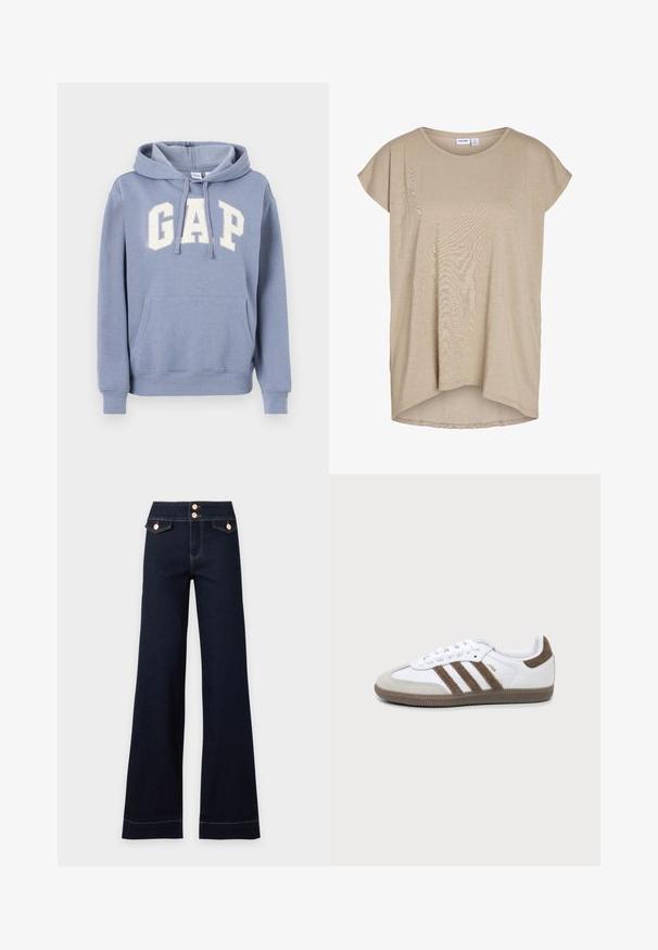 Sweat à capuche bleu clair avec poche avant et logo blanc "GAP" sur la poitrine, doté d'une capuche à cordon et de poignets et ourlet côtelés.; Haut en maille beige à manches courtes, coupe ample, avec un col rond et un ourlet arrière légèrement plus long.; Jean large taille haute bleu foncé avec deux poches avant à rabat et deux boutons visibles en or rose à la taille.; Basket Adidas Samba blanche et marron avec trois bandes marron, lacets et semelle texturée, vue de côté sur fond uni.